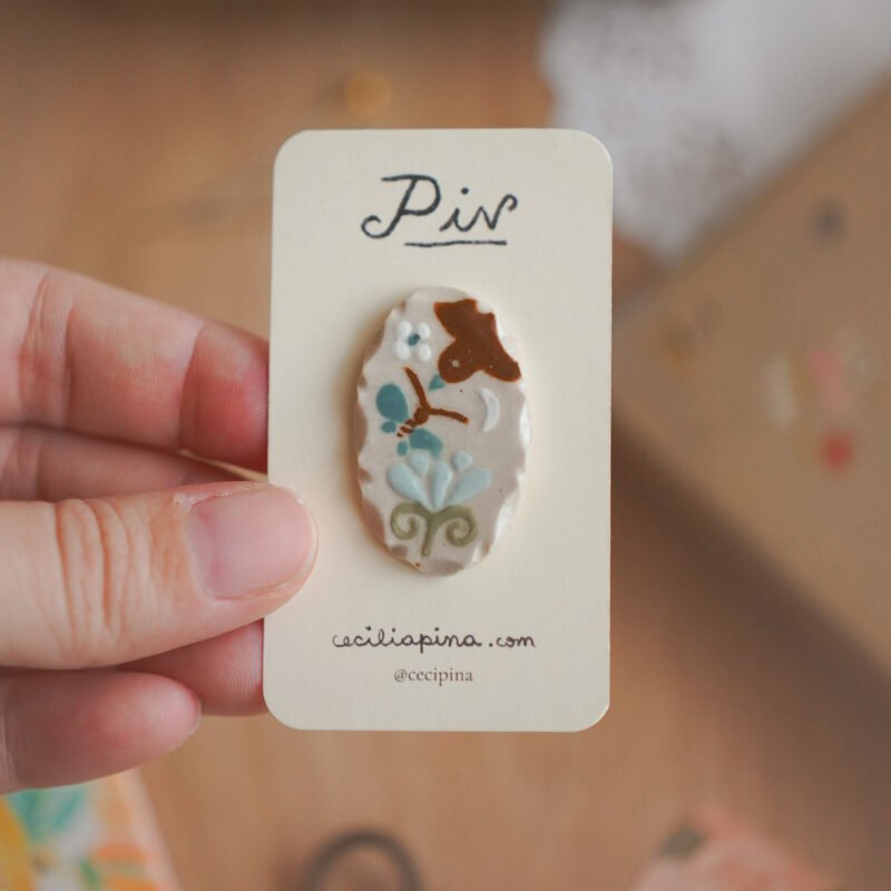pájaro, lirio y mariposa azul / broche